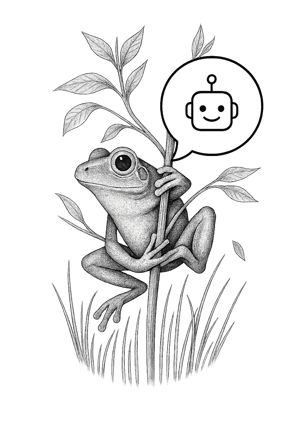 Frosch der an einem Ast hängt und mit einem Roboter (KI) spricht